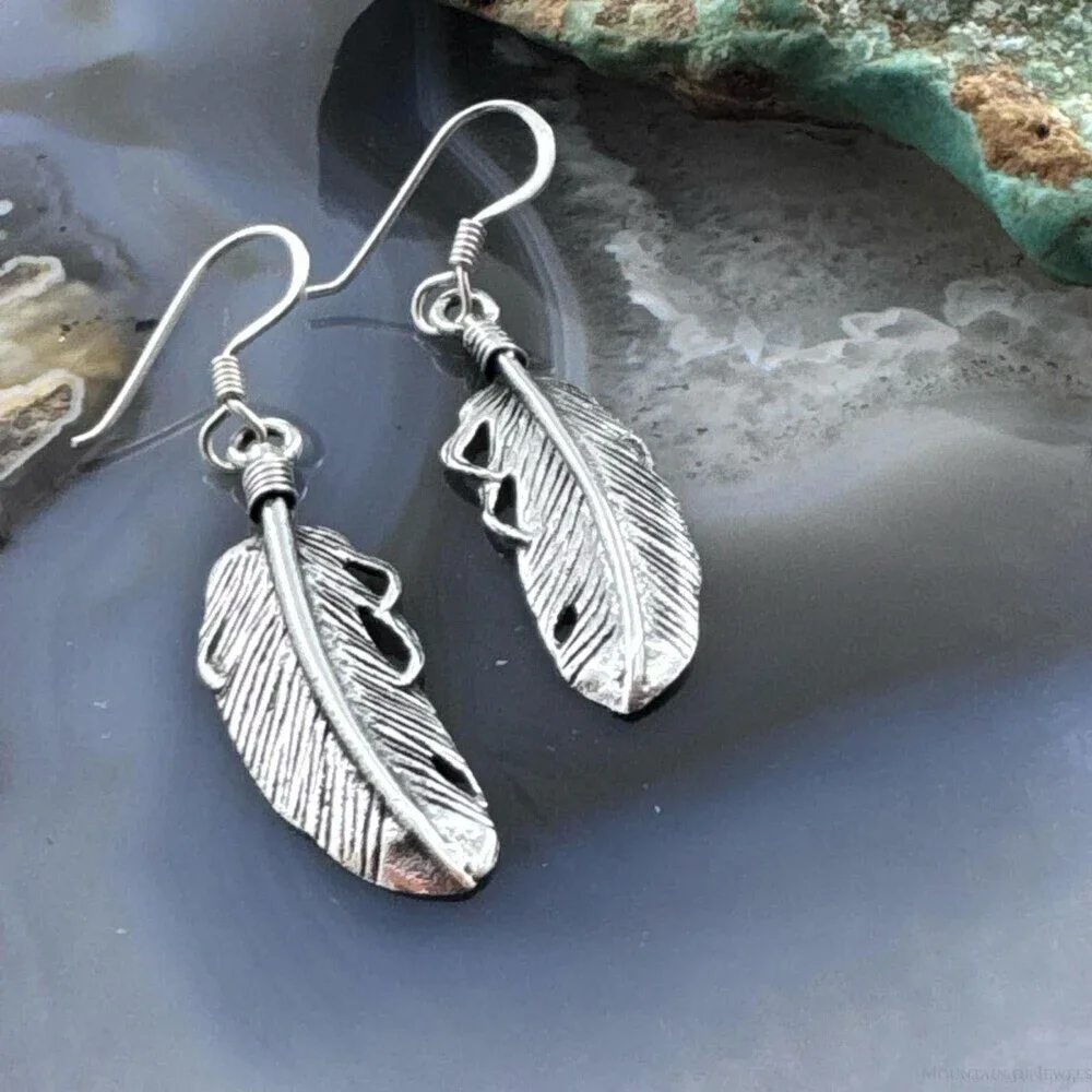 Sterling Silver Southwestern Style Feather Dangle Earrings For Women